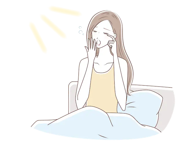 眠りが浅く、朝起きて眠そうにあくびをする女性のイラスト