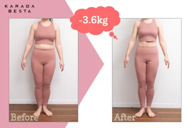 通い放題のパーソナルトレーニングジムカラダビスタに通った20代後半女性のAさんの通う前後のビフォーアフター写真。アフターではお腹周りや腕回りがきゅっと引き締まり、腹筋の線が見えている。