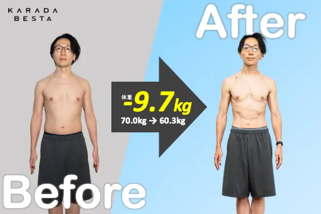 KARADA BESTAに週3-4回程度、4ヶ月間通い、結果として体重は-9.7kg、体脂肪率は-10.5%を達成した男性